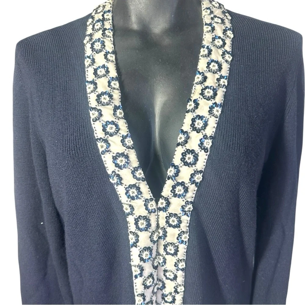 Tory Burch Merino Wool Printed Cardigan Sweater Large Navy Blue Sequins V-Neck - Picture 4 of 13